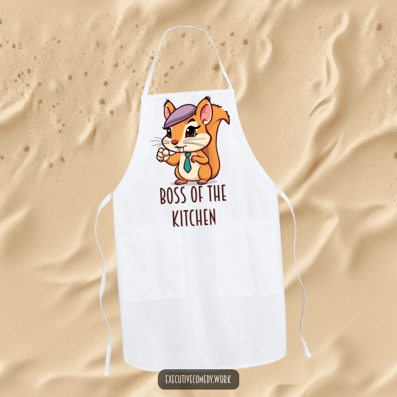 Funny kitchen apron with a squirrel in a business hat pointing assertively, designed for ambitious cooks and humorous gifts.