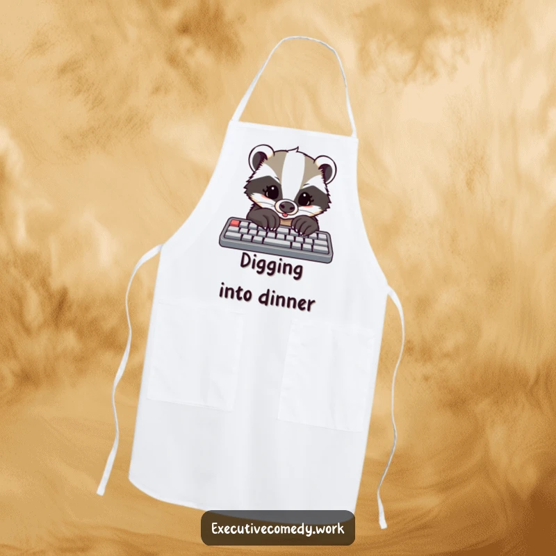 Funny apron showing a determined badger with large paws typing on a keyboard, ready for kitchen tasks.