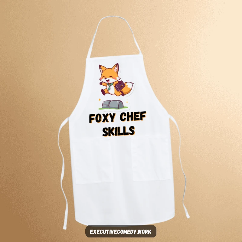 Funny apron showing a happy fox with a briefcase leaping over a small obstacle, ready for kitchen adventures.