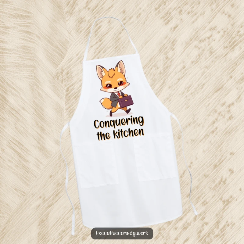Funny determined fox cub holding a briefcase, striding confidently while wearing a practical kitchen apron.