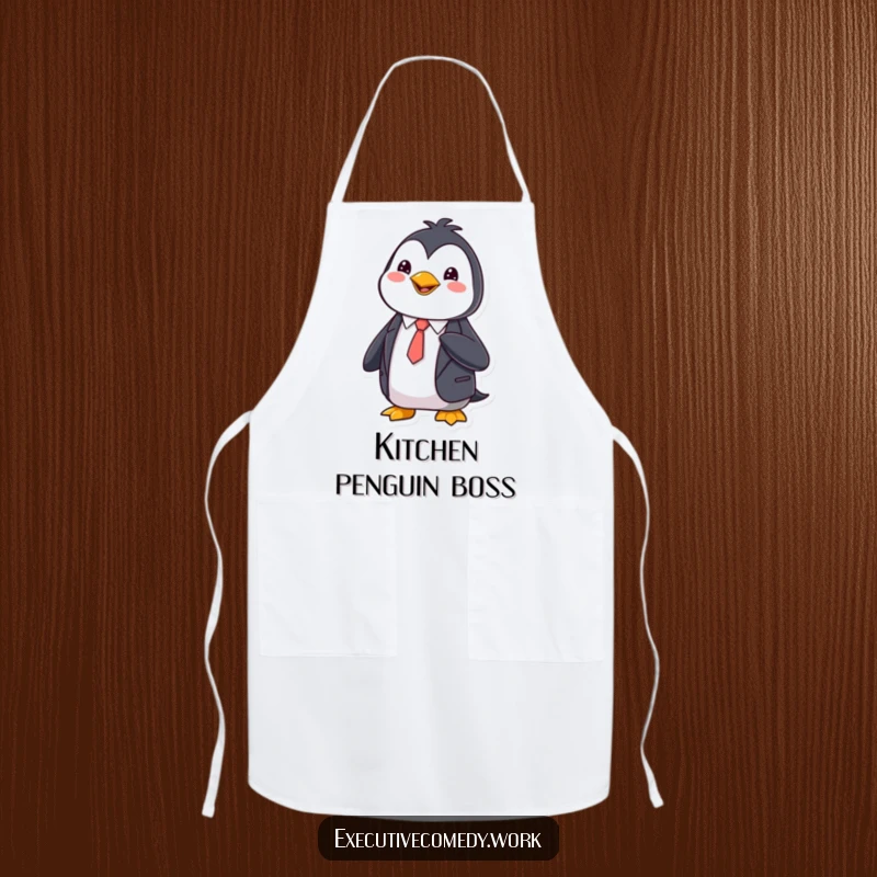 Funny Apron showing a happy penguin in a sharp suit, adjusting its tie, ideal for stylish kitchens.