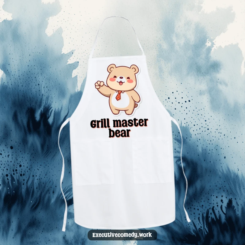 Funny apron featuring a bear in a tie pumping its fist, symbolizing celebrating culinary achievements while cooking.