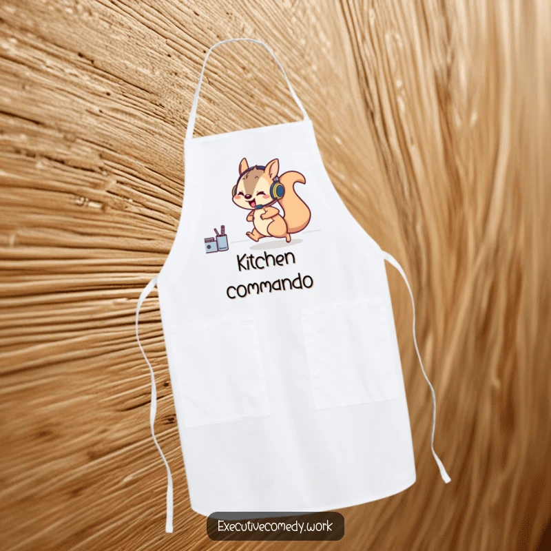 Funny apron showing a playful squirrel in a headset rushing across a desk, ready for fast-paced meal preparation.