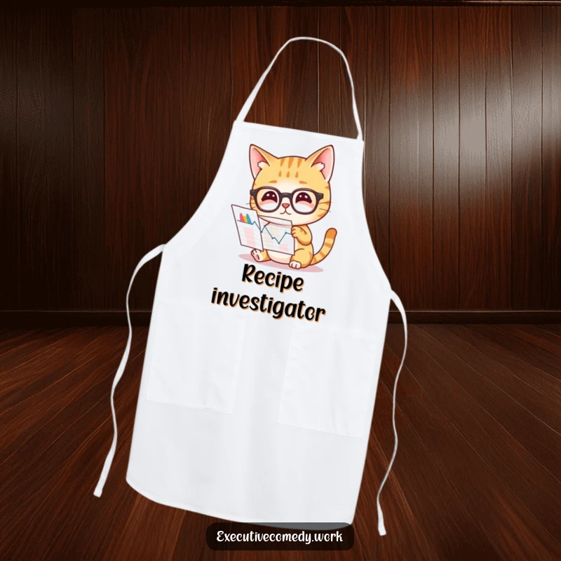 Funny apron showing a curious cat wearing glasses, studying a complex graph, ready for kitchen analysis.