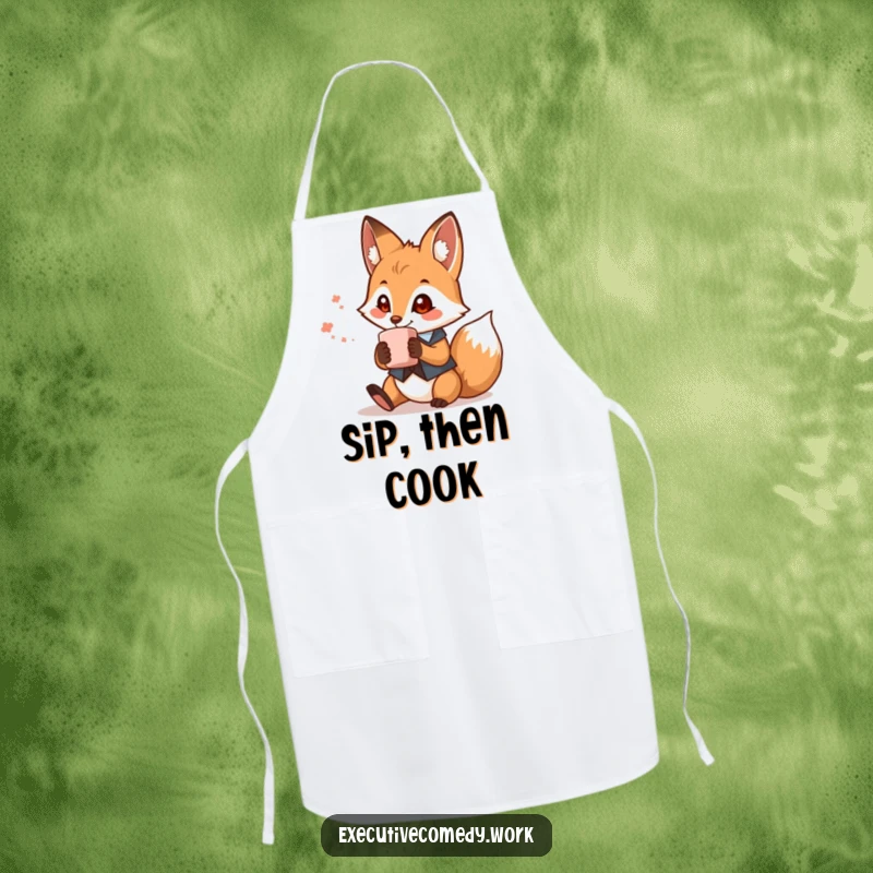 Funny kitchen apron with a fox in a waistcoat holding a coffee mug, designed for humorous cooking experiences and gifts.