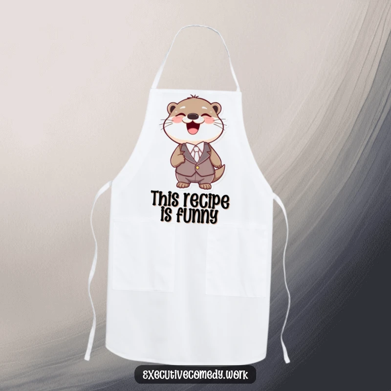 Funny otter wearing a tiny suit, laughing heartily while proudly displaying a fun kitchen apron.