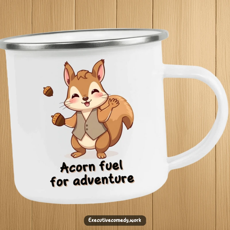Funny squirrel wearing a waistcoat, juggling acorns on a rustic enamel camping mug, ready for adventure.