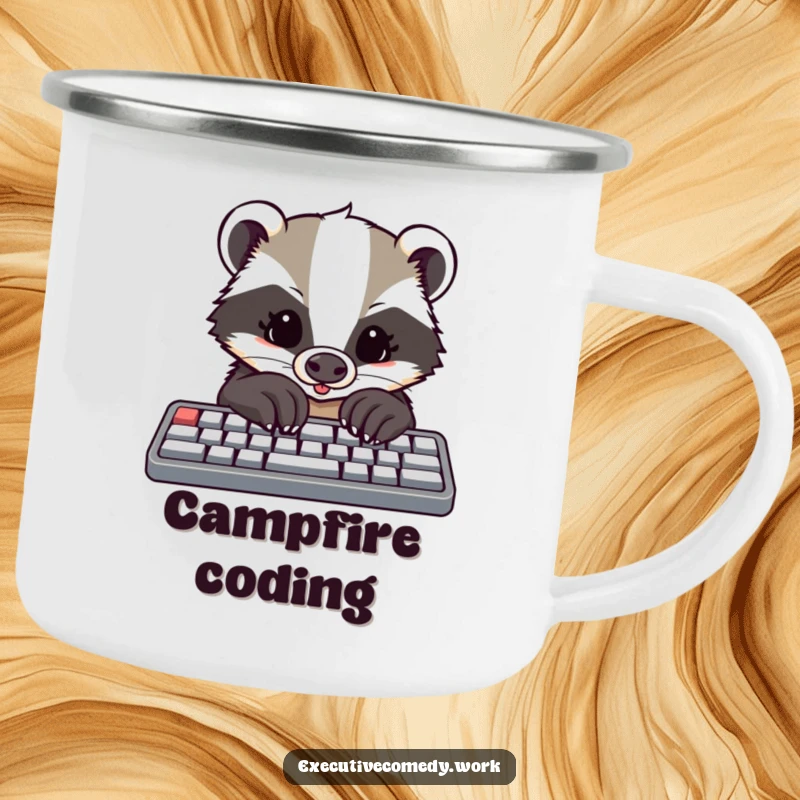 Funny camping mug with a determined badger using large paws to type on a keyboard, ready for outdoor coding.