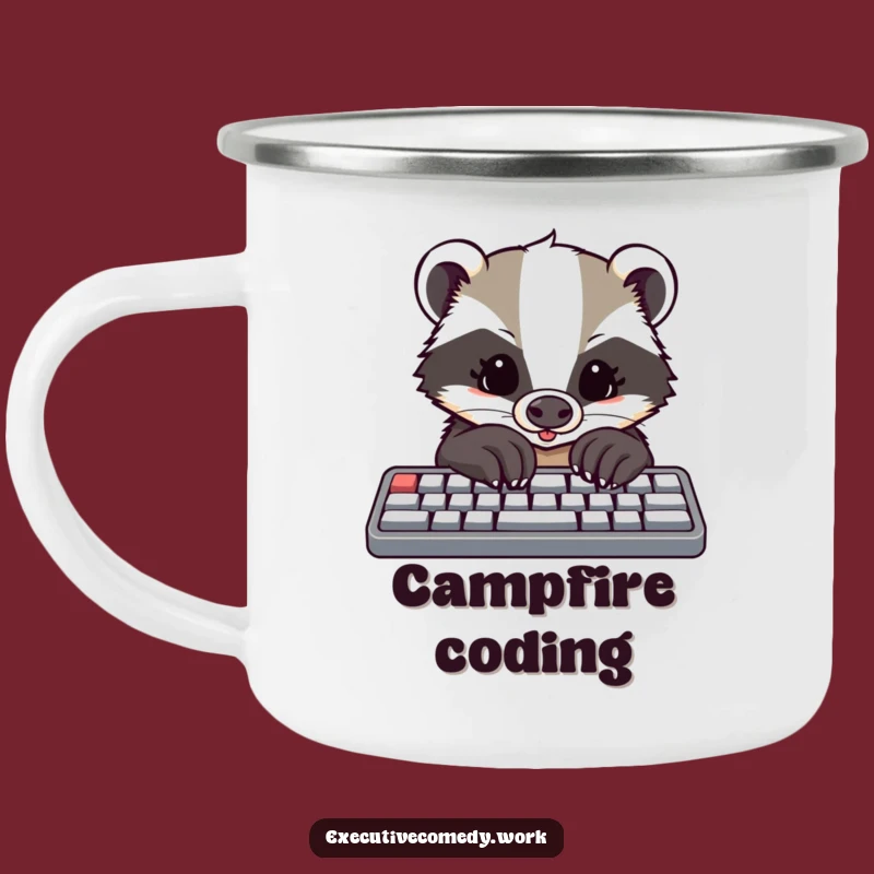 Funny Badger Coder Camping Mug: Outdoorsy Badger Taps Keys, Perfect Adventure Gift!