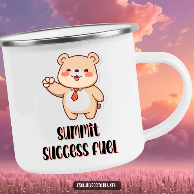 Funny camping mug with a bear in a tie pumping its fist, ready for outdoor adventures and celebrations.