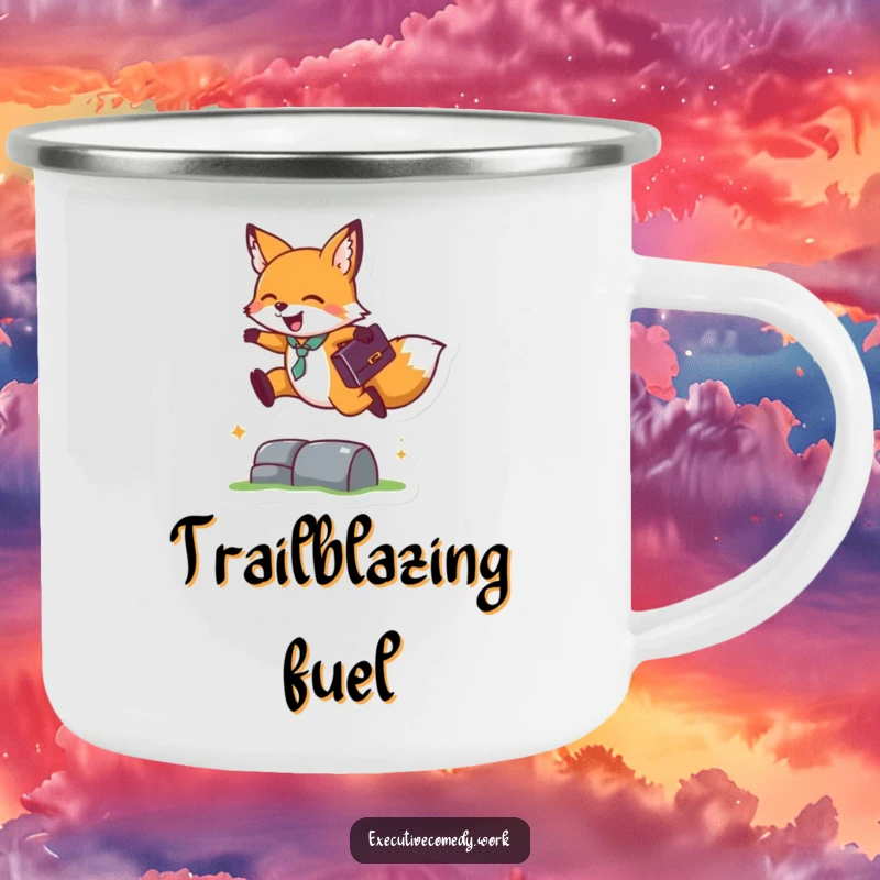 Funny camping mug with a happy fox carrying a briefcase, leaping over a small obstacle, ready for any journey.