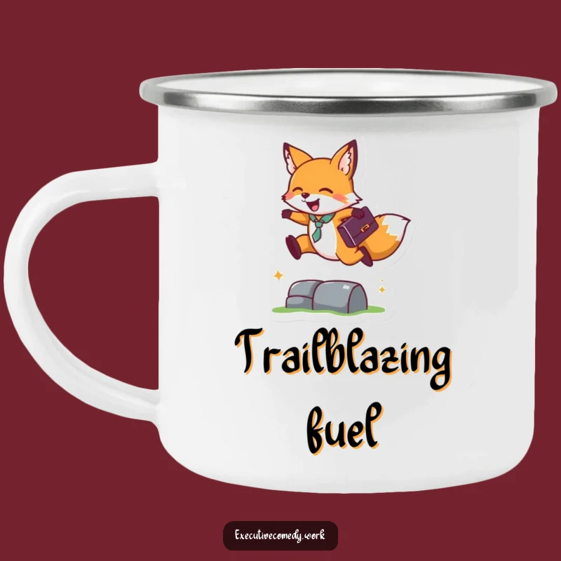 Funny Fox Business Leap Camping Mug: Outdoorsy Fox Jumps Hurdles, Perfect Adventure Gift!