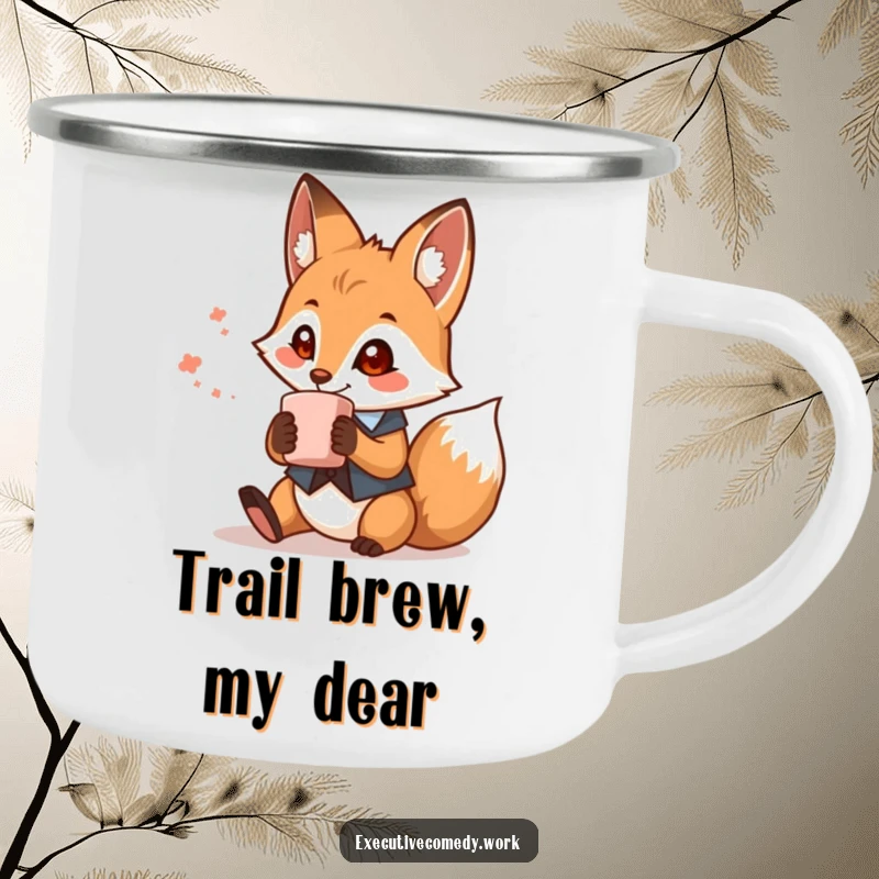 Funny fox in a tiny waistcoat with a coffee mug, printed on an enamel camping mug for outdoor adventures and humor.