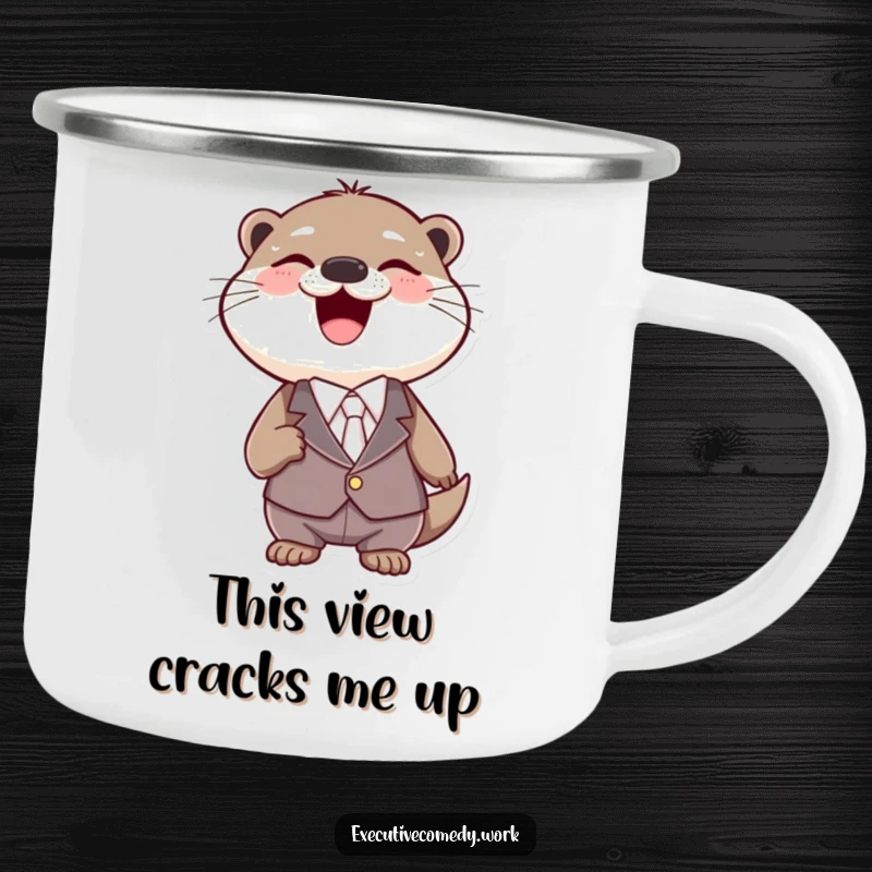 Funny otter wearing a tiny suit, laughing heartily on a durable enamel camping mug, ready for adventure.