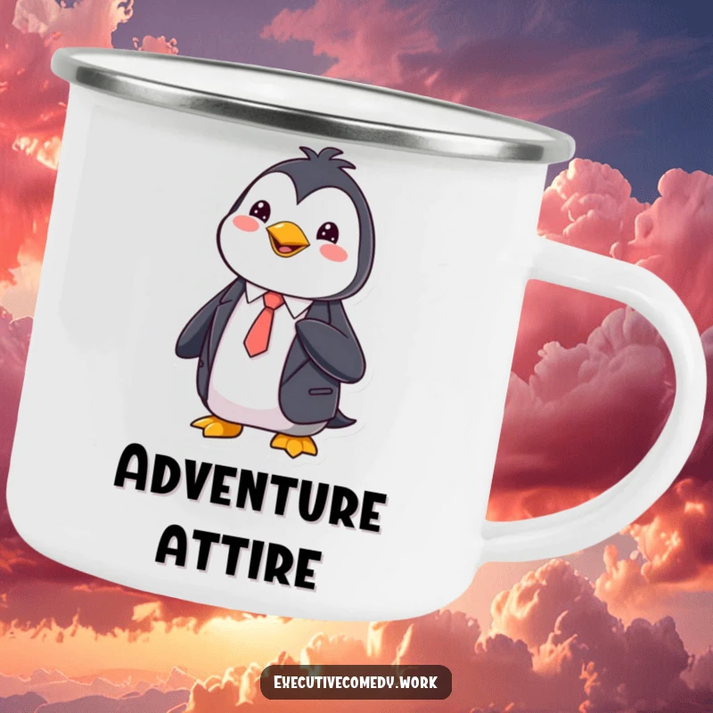 Funny Camping Mug featuring a happy penguin in a sharp suit, adjusting its tie, ideal for stylish campers.