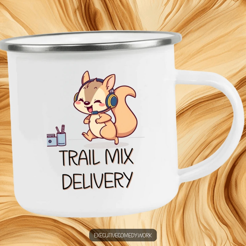 Funny camping mug with a playful squirrel in a headset rushing across a desk, ready for outdoor gaming adventures.
