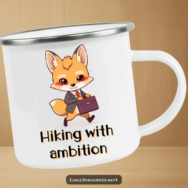 Funny determined fox cub holding a briefcase, striding purposefully on a sturdy enamel camping mug.