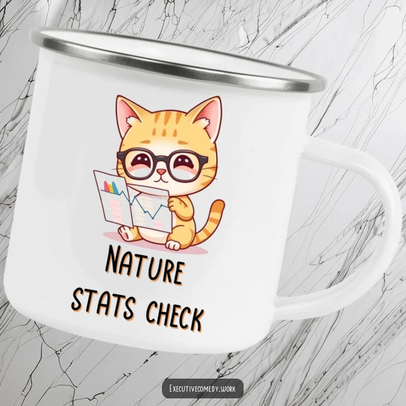Funny camping mug with a curious cat wearing glasses, studying a complex graph, ready for outdoor observation.