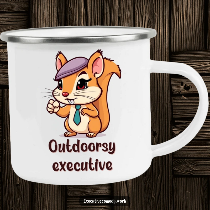 Funny squirrel in a business hat pointing assertively on an enamel camping mug, for adventurous and ambitious individuals.