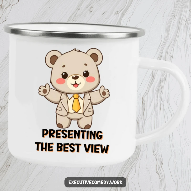 Funny bear cub wearing a tiny suit and tie, enthusiastically presenting itself on a rustic enamel camping mug.