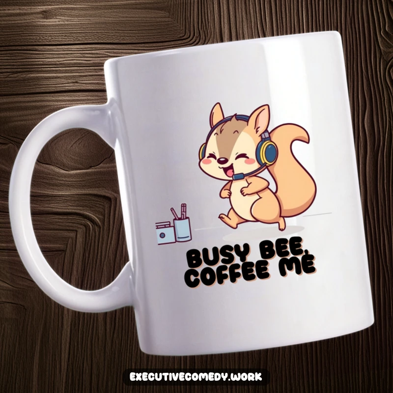 Funny mug showing a playful squirrel wearing a gaming headset, excitedly rushing across a desk full of papers.
