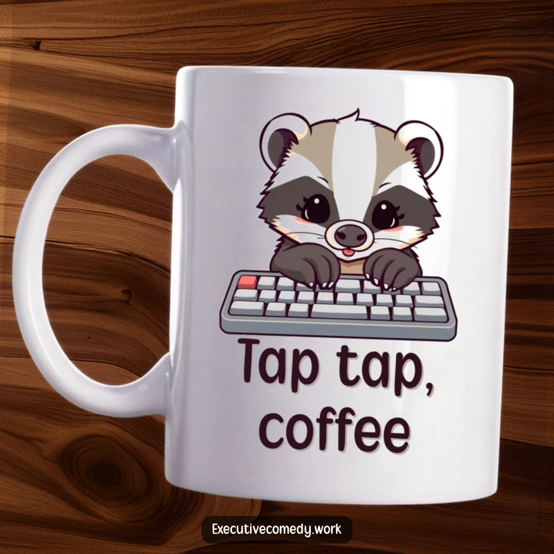 Funny mug showing a determined cartoon badger with large paws excitedly tapping on a computer keyboard.