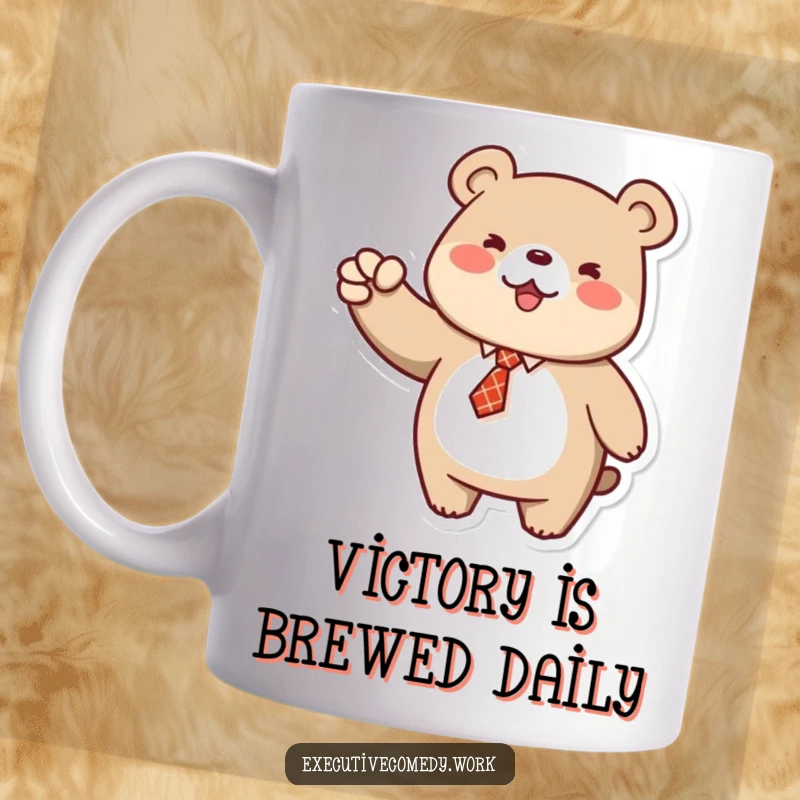 Funny mug featuring a cheerful cartoon bear in a tiny tie, triumphantly pumping its fist in the air with great energy.