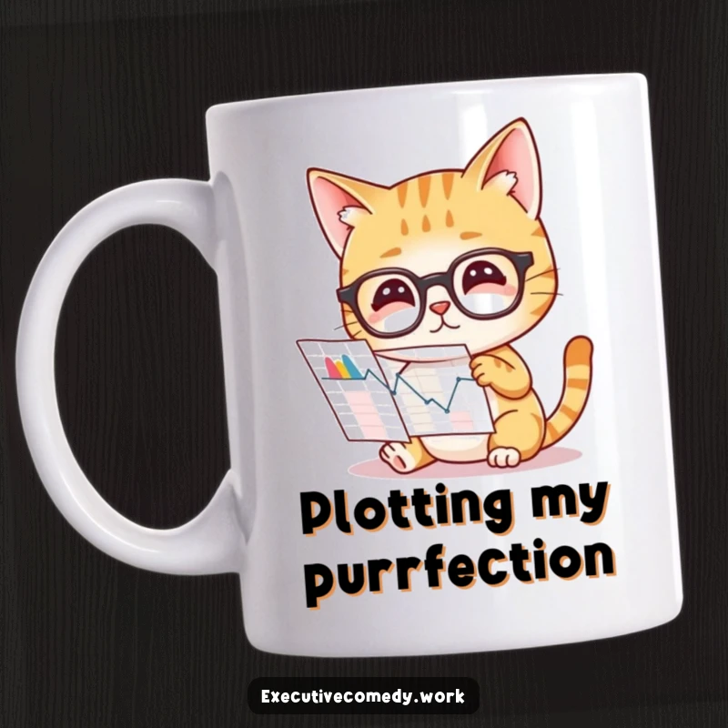 Funny mug depicting a curious cat wearing glasses, intently studying a complex financial or data graph.