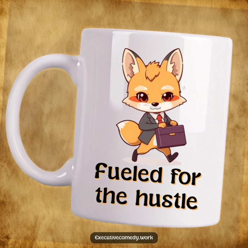 Funny determined fox cub holding a briefcase with a confident stride on a motivational coffee mug.