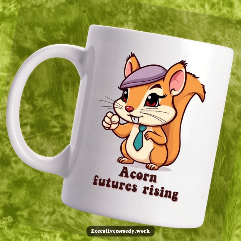 Funny squirrel wearing a tiny business hat, pointing assertively with a determined look, on a coffee mug for office humor.
