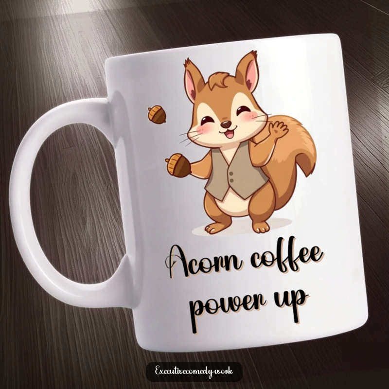 Funny playful squirrel wearing a tiny waistcoat, juggling multiple acorns with its paws on a coffee mug.