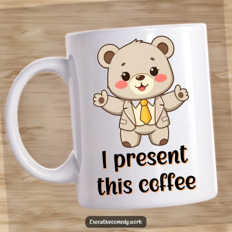Funny bear cub in a tiny suit and tie, enthusiastically presenting an idea with a beaming smile on a coffee mug.