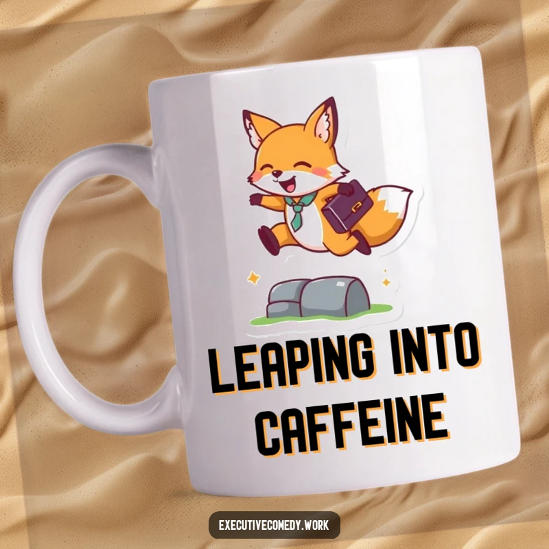 Funny mug featuring a happy cartoon fox in a suit carrying a briefcase, energetically leaping over a small hurdle.
