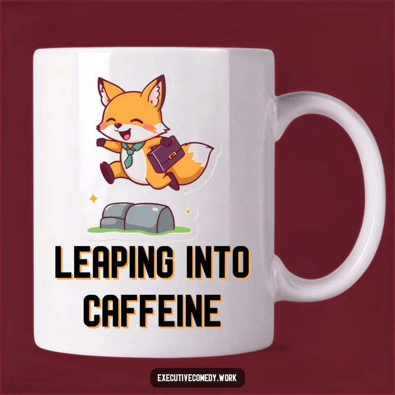 Funny Fox Business Leap Mug: Happy Briefcase Fox Overcomes Hurdles, Perfect Gift!