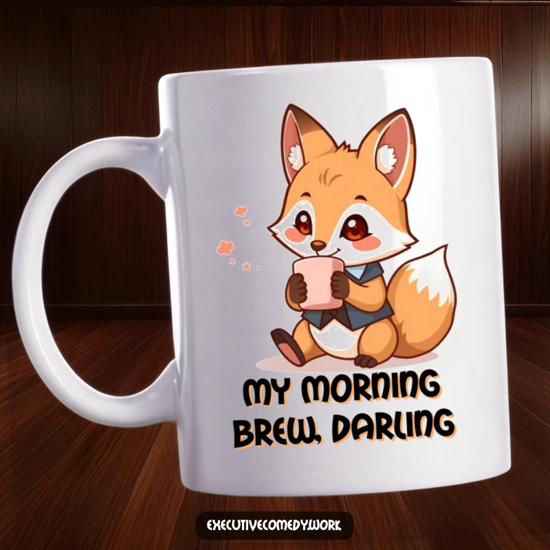 Funny fox in a tiny waistcoat holding a coffee mug, looking dapper and ready for the day, perfect for a whimsical gift.