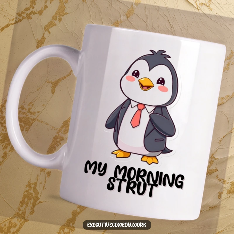 Funny Mug featuring a happy penguin impeccably dressed in a sharp suit, adjusting its tie with flair.