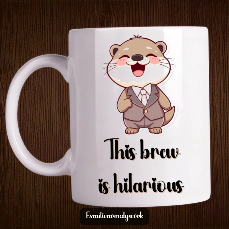 Funny joyful otter wearing a tiny suit, laughing heartily with tears in its eyes on a ceramic mug.