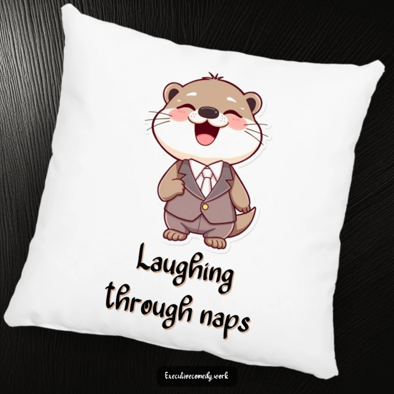 Funny otter wearing a tiny suit, laughing heartily with a big smile on a soft, decorative pillow.