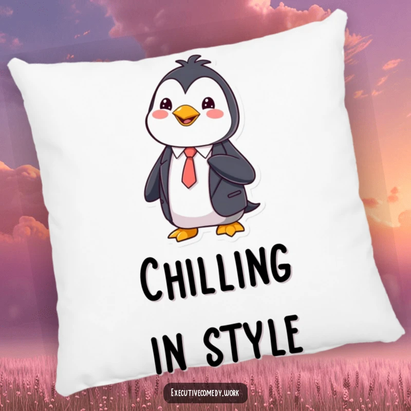 Funny Pillow featuring a happy penguin in a sharp suit, adjusting its tie, adding a sophisticated touch.