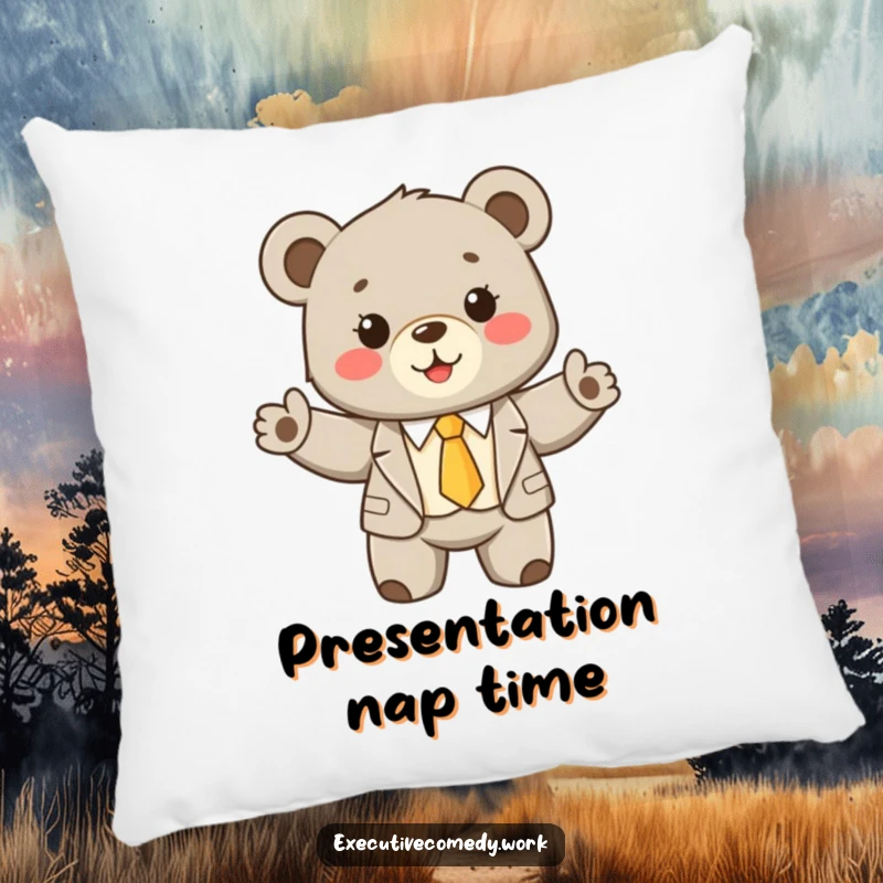 Funny bear cub in a suit and tie, enthusiastically presenting a heartwarming scene on a plush, decorative pillow.