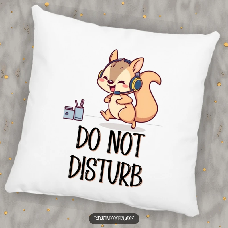 Funny pillow depicting a playful squirrel in a headset rushing across a desk, bringing a sense of speed and comfort.