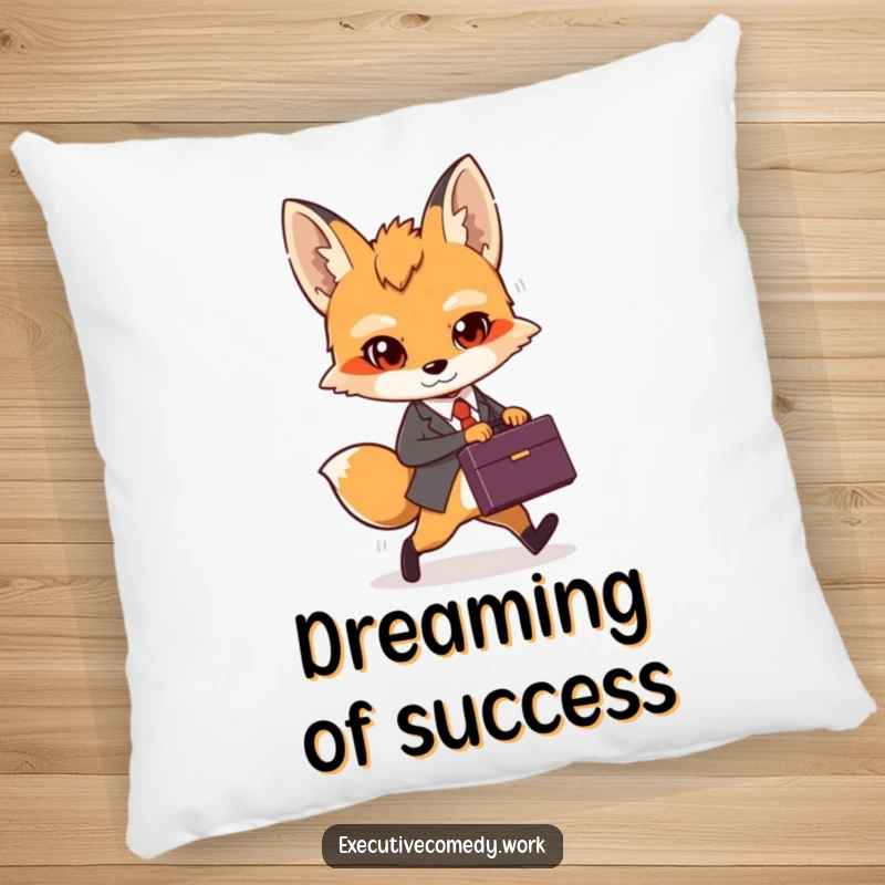 Funny determined fox cub holding a briefcase, striding confidently, depicted on a soft, decorative pillow.