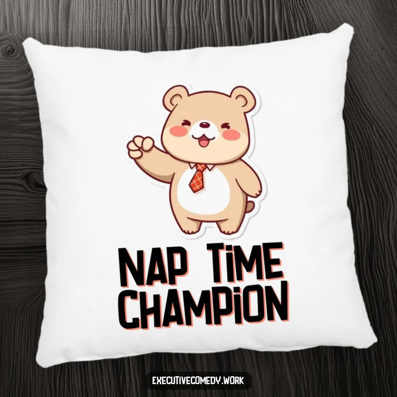 Funny pillow showcasing a happy bear in a tie, giving a strong fist pump, perfect for embracing comfort and victory.