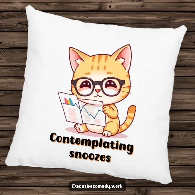 Funny pillow depicting a curious cat wearing glasses, studying a complex graph, bringing a sense of intelligence and comfort.