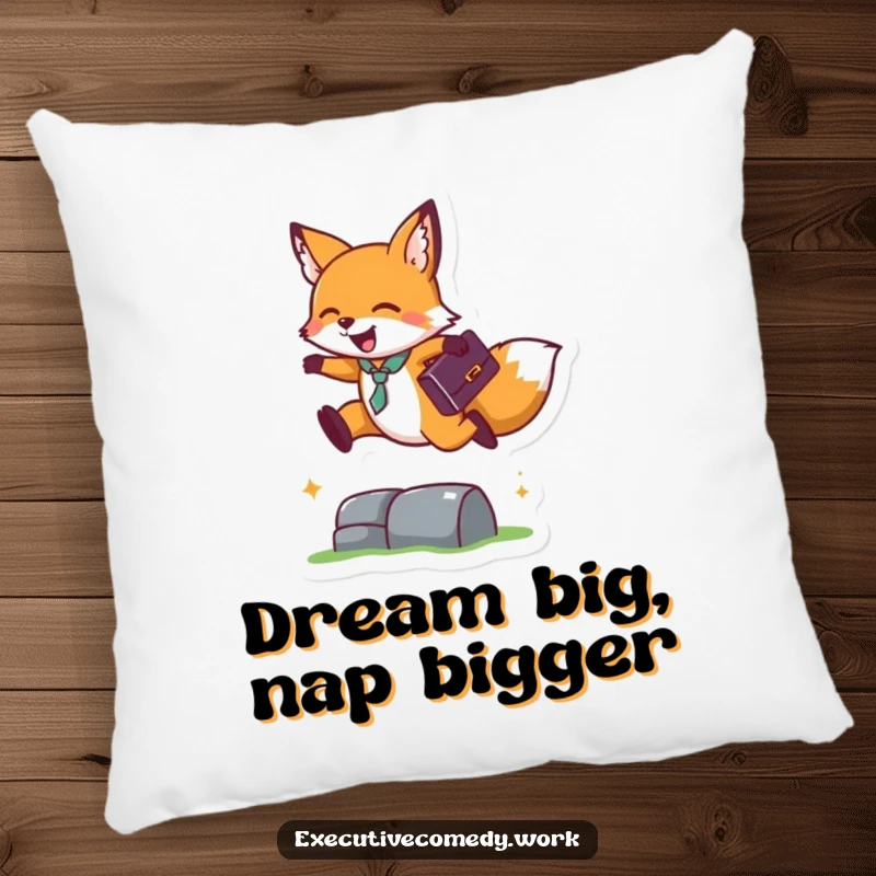 Funny pillow depicting a happy fox with a briefcase leaping over a tiny obstacle, adding charm and motivation.