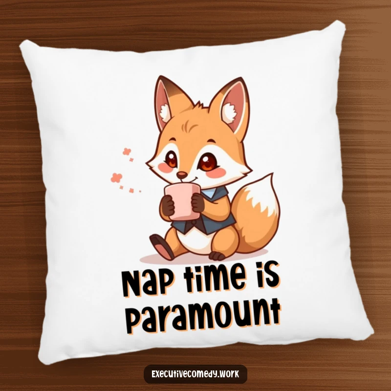 Soft pillow featuring a funny fox in a tiny waistcoat with a coffee mug, perfect for adding cozy humor to any couch.