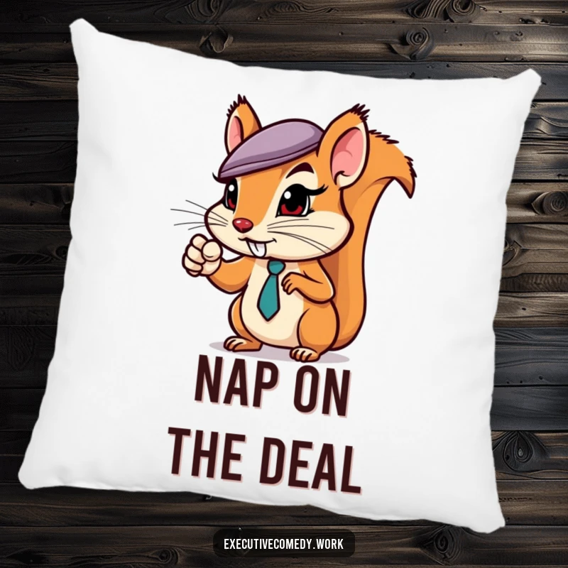Soft pillow featuring a funny squirrel in a business hat pointing assertively, bringing motivational humor to any room.