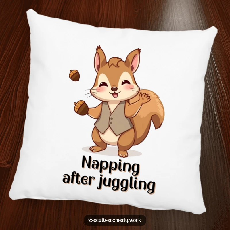 Funny squirrel in a waistcoat, juggling acorns with dexterity on a soft, decorative pillow.