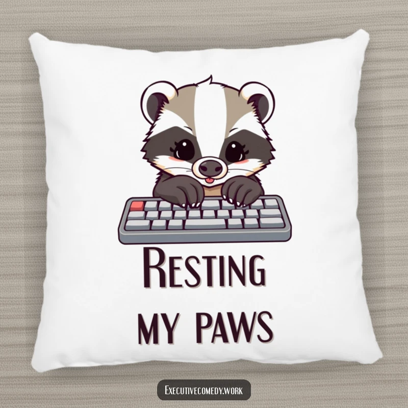 Funny pillow depicting a determined badger with large paws typing on a keyboard, bringing a sense of focus and comfort.