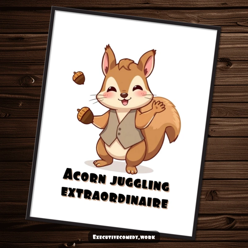 Funny squirrel wearing a waistcoat, juggling acorns with flair, presented as a whimsical digital art print.